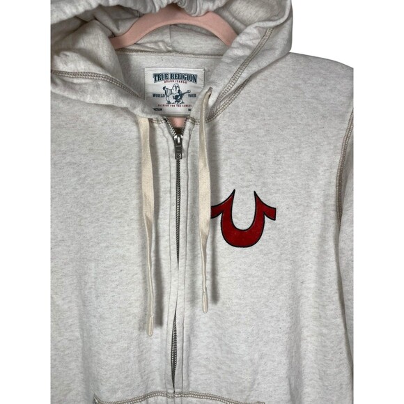 True Religion Classic Hoodie Mens Medium Ivory Full Zip Sweatshirt World Tour - Picture 3 of 12